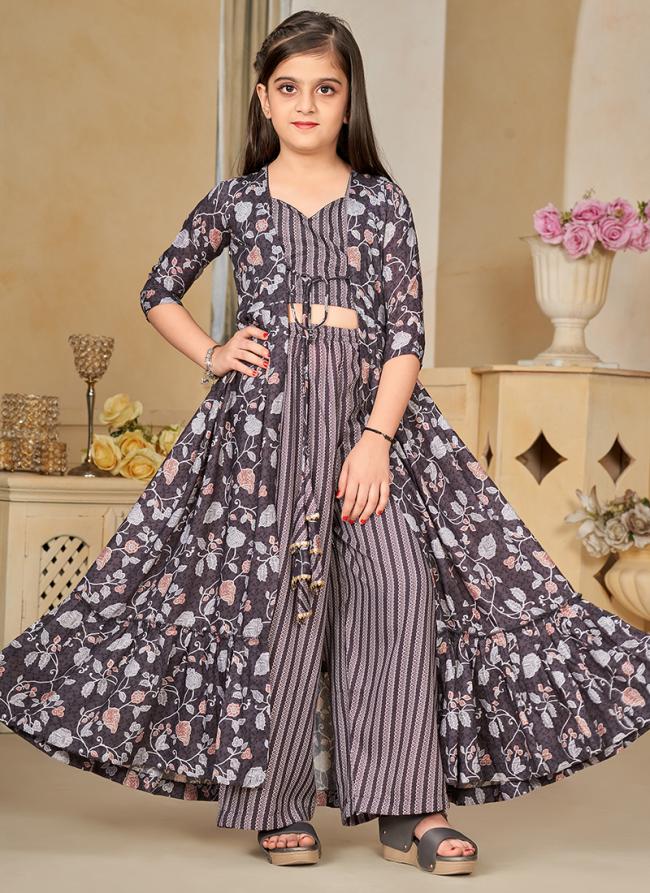 Heavy Muslin Charcoal Black Festival Wear Printed Readymade Kids Indo Western